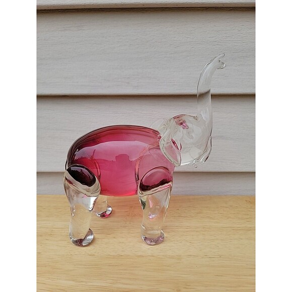 Rossi Glass Handmade Elephant Cranberry Art Glass Trunk Up 8" Tall - Picture 5 of 10